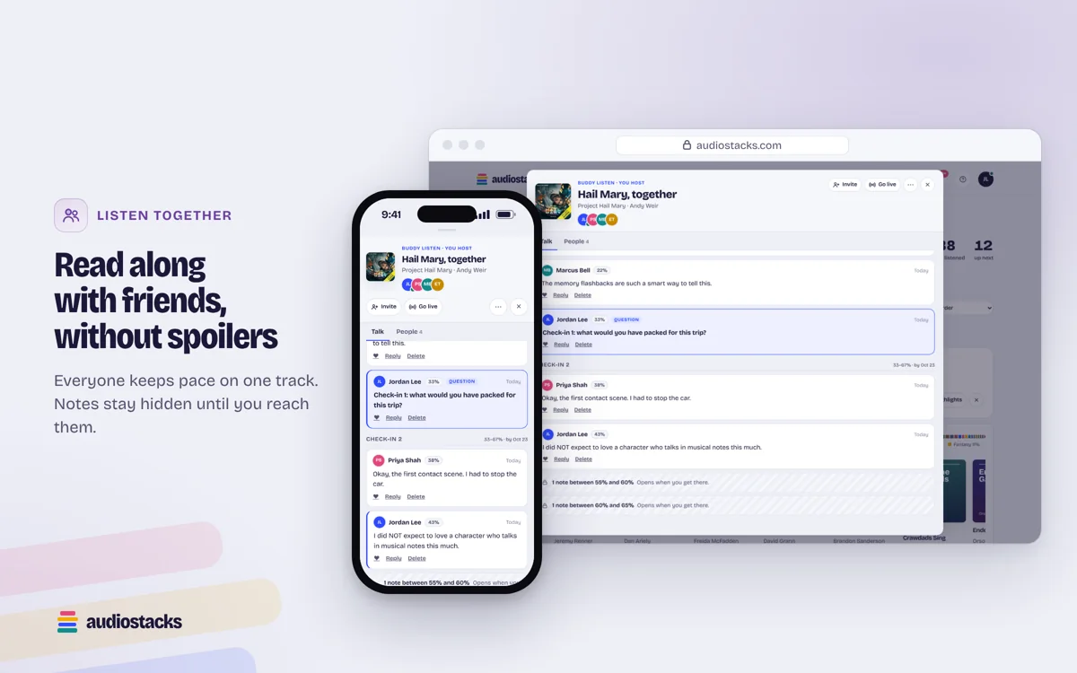 Audiostacks Listen Together on a computer and a phone