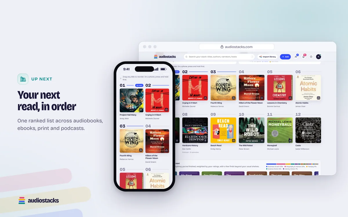 Audiostacks Up next on a computer and a phone